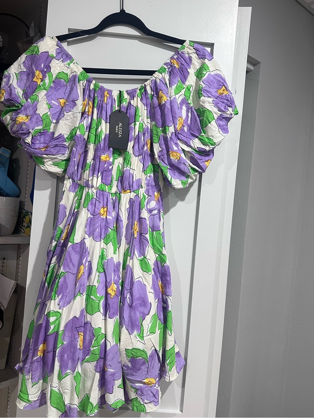 Aleeza Paris White Mini Dress with Purple Floral Print